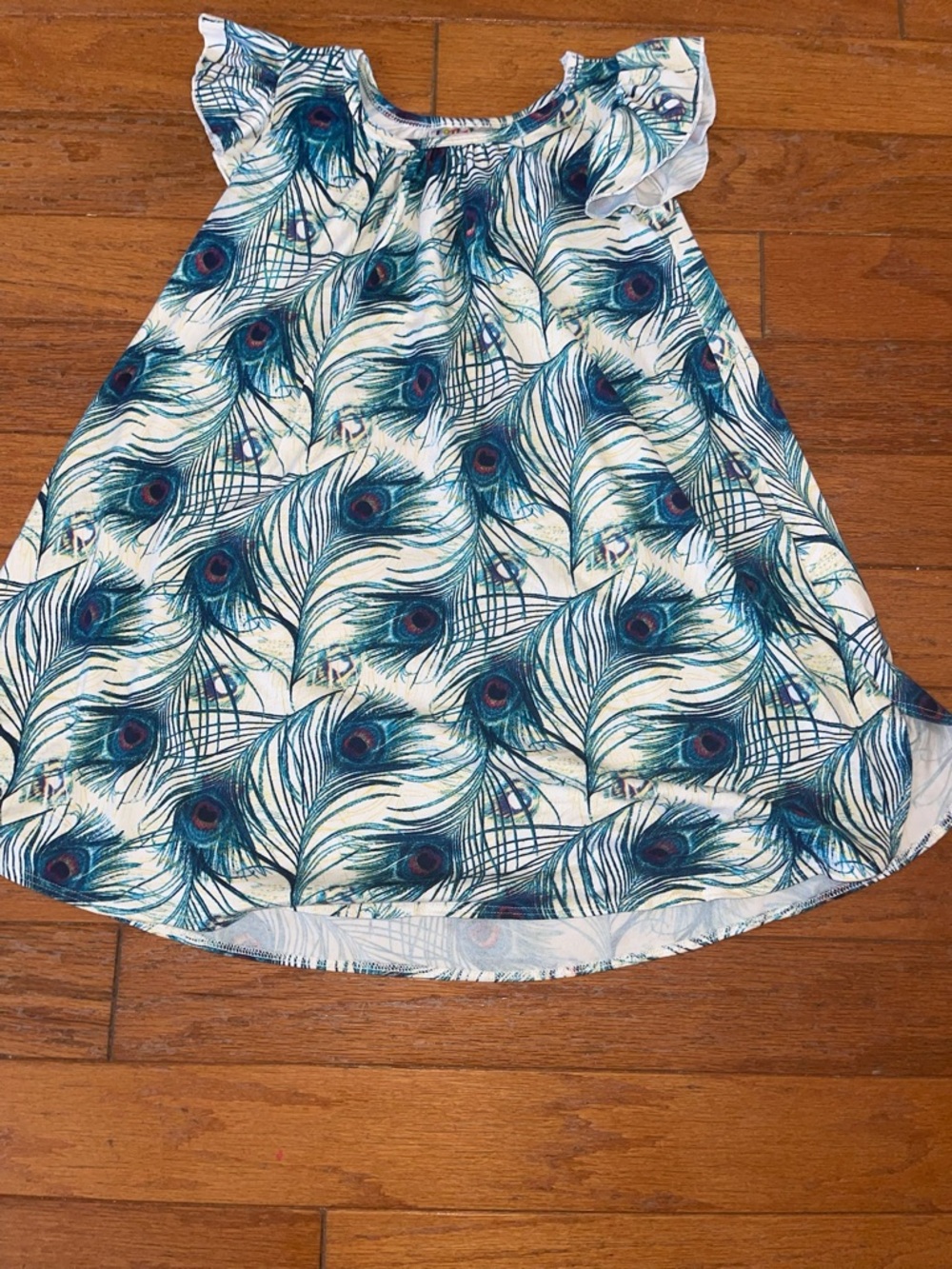 Dot Dot Smile White Dress with Teal and Navy Peacock Feather Print